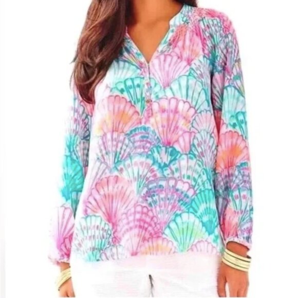 Lilly Pulitzer Elsa Silk Top Oh Shello Resort Coastal Preppy - Picture 1 of 9
